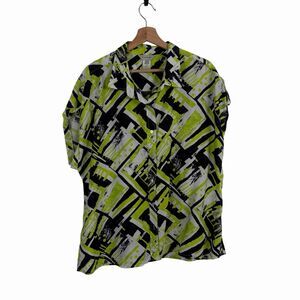 Multiples Blouse XL Top Neon Green Black Abstract Art Wear Colorful Cap Sleeve